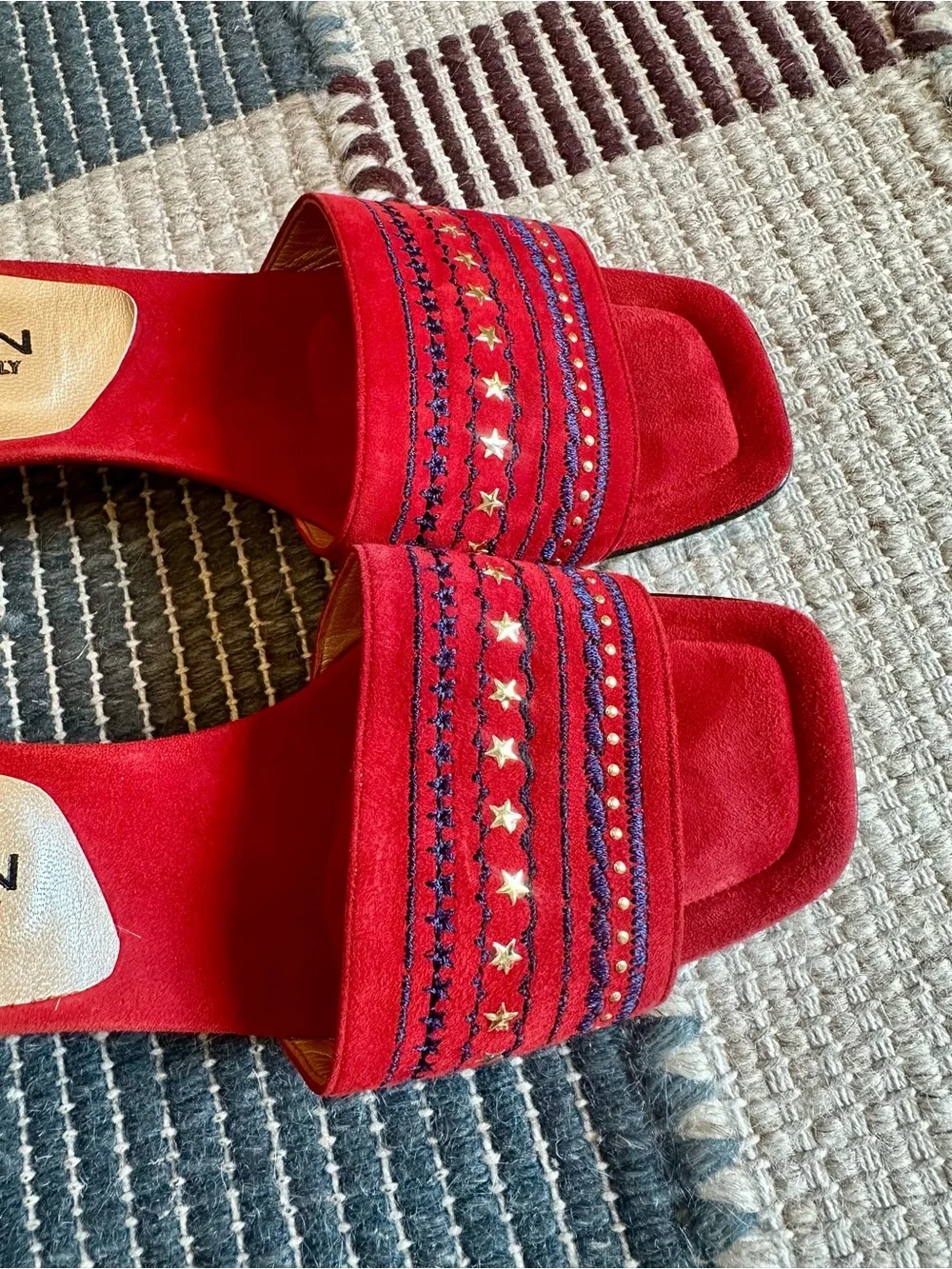 St. John Vintage Red Star Suede Embellished Kitten Heels
